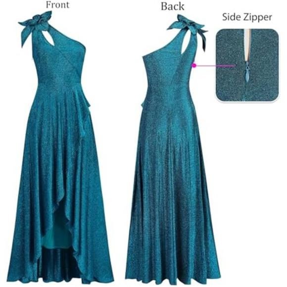 Womens 3D Flower One Shoulder Prom Formal Wedding Shiny Teal Blue - Picture 5 of 7